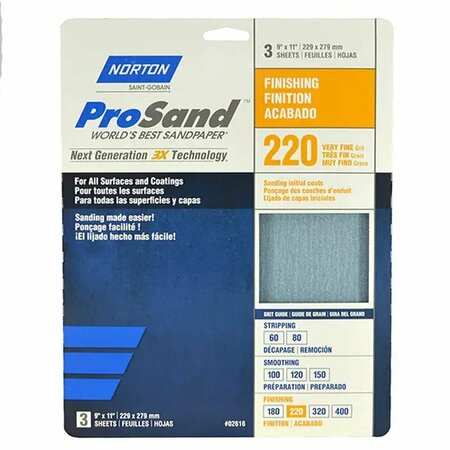 NORTON CO 9" x 11" ProSand Sanding Sheet 220-Grit, PK 3 02616